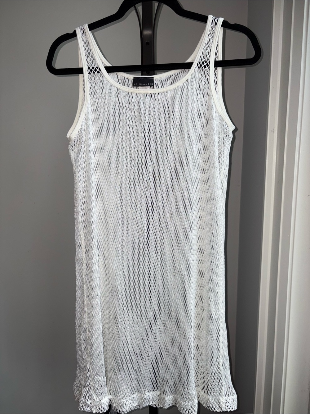La Blanca White Fishnet Cover Up Dress Swimwear Beach Mesh Size M Made USA Y2K
